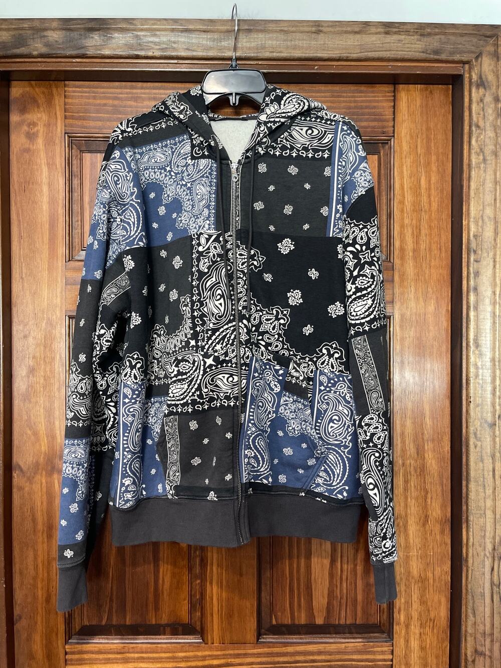 LCKR Mens Phader Fleece zip Hoodie in Multi color Black patchwork paisley XL